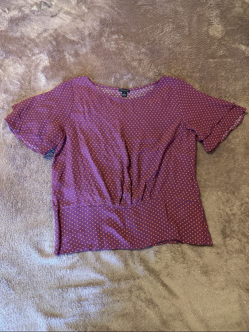 Women’s Ann Taylor purple and red Polka Dot Short Sleeve ruffle Blouse